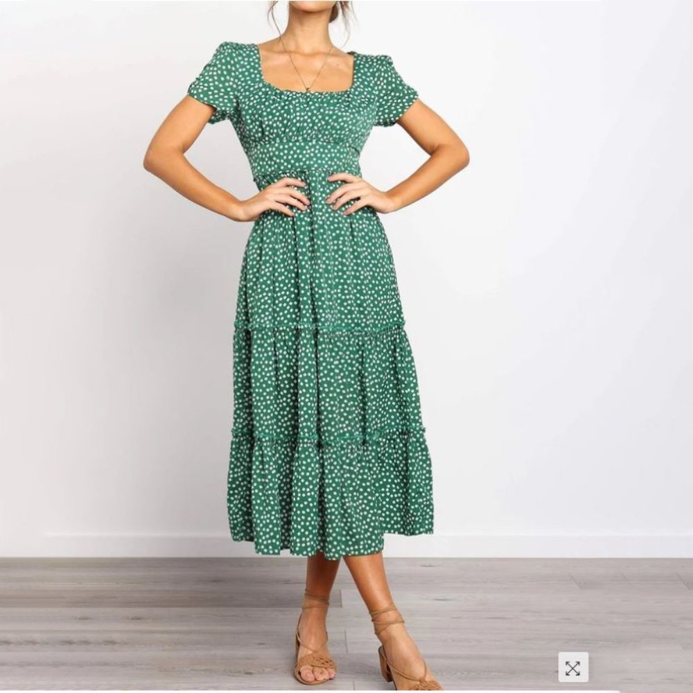 Modshe boho dress, green, white polka dots, small